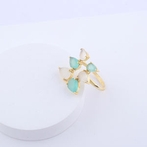 Bijoux féminins modernes minuscule pierre de lune quartz avec aqua quartz poire pierre anneau plaqué or broche réglage grimpeur anneaux réglables - Product Image 4