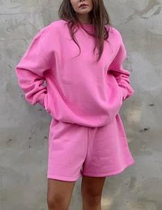 ชุดเสื้อสเวตเตอร์ขาสั้นสองชิ้นสำหรับผู้หญิงชุดผ้าสแปนเด็กซ์/ โพลีเอสเตอร์สีพื้นสำหรับใส่ลำลองไซส์ใหญ่สบายระบายอากาศได้ทุกวัน - Product Image 4