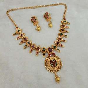 Shubham <b>Fine</b> <b>Jewelry</b> <b>Set</b> Maroon and Green Pota Stone Copper Necklace FBK0067A - Product Image 1