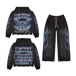 Sérigraphie personnalisée Sweat à capuche épais délavé au soleil Costume de survêtement évasé pour hommes Survêtement vintage surdimensionné délavé à l'acide unisexe - Product Image 1