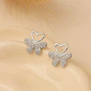 NOVAMART Fine Zarkan Butterfly Heart Pure <b>Silver</b> <b>Stud</b> <b>Earrings</b> with Diamond Zircon Pearl Vintage & Trendy for Wedding Engagement - Product Image 1
