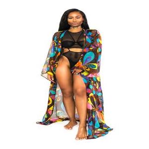 Paréo de plage imprimé avec finition élégante, vêtements de plage pour femmes, paréo avec manches cloche, imprimés contemporains, pour femmes - Product Image 1
