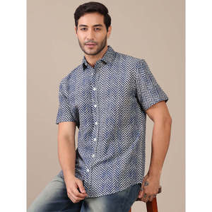 Camisa informal de algodón con estampado de espiga y manga corta para hombre de Amanush, con cuello vuelto, camisas con estampado geométrico de verano - Product Image 1