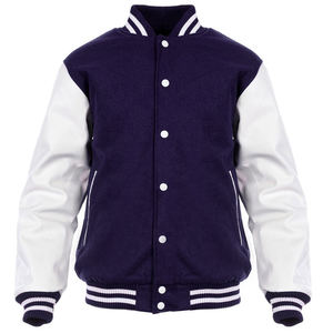 Chaqueta Varsity Letterman personalizada inspirada en los años noventa con cuerpo de lana azul marino Blanco Mangas de cuero real CollegeBaseballjacket para hombres - Product Image 1