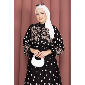 Robe en viscose à imprimé léopard, coupe ample, ceinturée, en mousseline noire-beige avec élément floral tendance - Product Image 2
