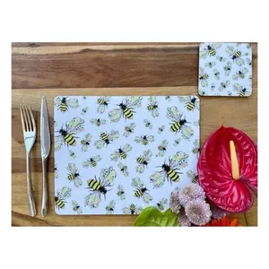 Popular Honey Bee Digital Printed Stylish Contrast Embroidered Blue Rectangle Cotton Handmade Table Knitted Wedding Party Mats