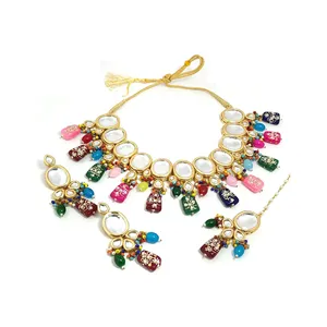 Parure de collier multicolore en acier inoxydable plaqué or, ornée de pierres Kundan et Meenakari, pour mariages, bijoux fins à motifs de pièces de monnaie - Product Image 5