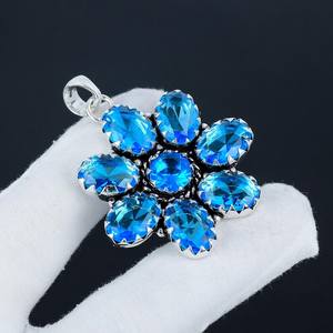 Dazzling Swiss Blue Topaz Pendant Oval Cut <b>Silver</b> Plated Handmade Gemstone <b>Necklace</b> for Women Elegant Wholesale Jewelry - Product Image 1