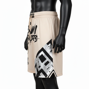 Pantalones cortos de baloncesto para hombre de malla de poliéster premium de 180 GSM, color crema con panel lateral negro, estampado por transferencia térmica y logotipo bordado. - Product Image 3