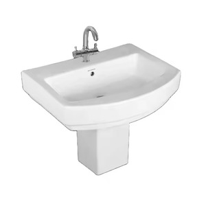 Finition brillante et mate Design rond Lavabo autoportant à surface solide-Lavabo semi-sur pied en pierre de céramique pour salle de bain - Product Image 1