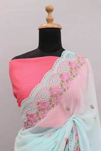 Sari Informal de Piel Sintética con Diseño Hermoso Multicolor, Corte Elegante, Bordado Inspirado en Bollywood, Pre-Drapeado, con Blusa de Contraste para Fiesta - Product Image 6