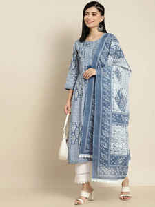 Kurta tradicional de algodón estampado azul con pantalones y dupatta, cuello redondo, mangas tres cuartos, 2 bolsillos, ropa de fiesta - Product Image 4