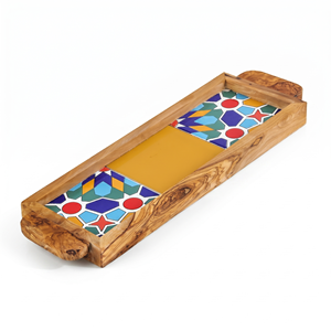 Aesthetic Square Serving Tray - Olivewood & Ceramic Tile Ottoman Tray for Modern <b>Coffee</b> <b>Table</b> Decor - Product Image 1