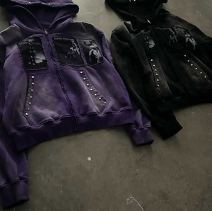 Sudadera con capucha y cremallera de algodón pesado de calidad superior Sun Faded Wash recortada estilo callejero parche desgastado bordado diamantes de imitación estilo de invierno - Product Image 3