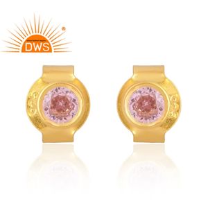Hot selling 925 sterling <b>silver</b> 18k gold plated natural Zircon pink gemstone <b>earring</b> demi fine jewelry manufacturer - Product Image 1