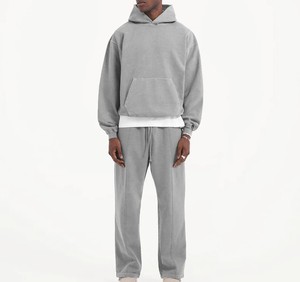 Conjunto de Sudadera con Capucha y Pantalones de Felpa de Algodón Grueso con Lavado Ácido, Personalizado OEM, 2 Piezas, Liso, Vintage, para Hombre - Product Image 2