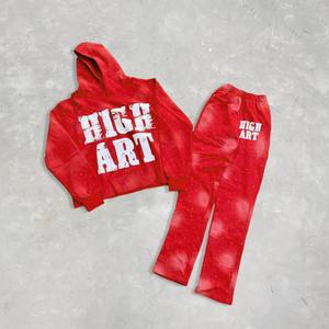 100% nuevo estilo de algodón personalizado chándal de dos piezas de gran tamaño para hombre con capucha francés Terry de gran tamaño Puff estampado chándal para hombres - Product Image 6