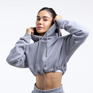 100% coton gris 2 pièces recadrée femmes survêtement ensemble sweat à capuche respirant et pantalons de survêtement coupe décontractée nouvelle salle de sport vêtements de sport survêtement ensemble - Product Image 3