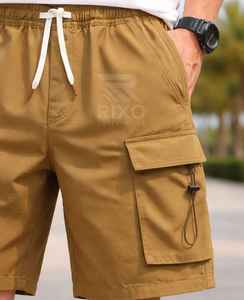 Shorts en toile décontractés pour hommes |   Shorts d'été 100% polyester anti-plis taille haute style cargo imprimé personnalisé avec cordon de serrage - Product Image 6