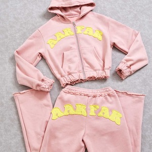 Custom Pink Winter Solid Distressed <b>Zip</b> Hoodie Women's 2-Piece Workout Joggers Sets <b>with</b> Pants and <b>Shorts</b> - Product Image 6