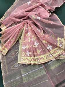 Exclusivo Sari Deshi Dhakai Rosa Claro Jamdani, Calidad de Exportación para Mujer, Tela JAMDANI Azul, Rojo, Verde, Dorado de Bangladés - Product Image 5