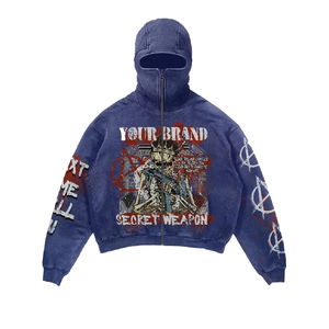 New Arrival Custom Screen Print Full Zip Up Vintage Drop Shoulder French Terry Streetwear Unisex <b>Balaclava</b> Hoodie - Product Image 6