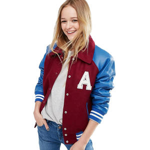 Women's New Street Style Varsity Jacket Solid Pattern Stand Collar Breathable Woolen <b>Fabric</b> with Cow Skin Leather Sleeves - Product Image 1