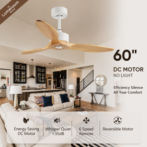 Ventilateur de plafond en bois massif à 3 pales de 60 pouces, sans lumière, télécommande, moteur DC, pour salon, chambre à coucher, grande pièce - Product Image 1