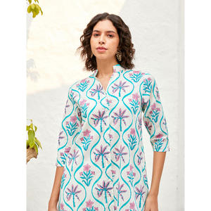 Floral Cotton <b>Kurta</b> <b>for</b> <b>Women</b>-Casual Elegant Midi Length with Puff Sleeves - Product Image 4
