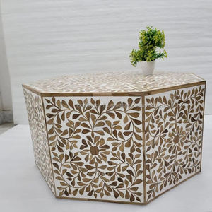 Mesa de Noche Redonda con Incrustaciones de Concha Duradera y Mesa Auxiliar, Muebles Otomanos Hechos a Mano, Estilo Antiguo de la India, Artesanía - Product Image 1