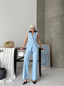 Women's Light Blue Sleeveless <b>Blazer</b> Vest With Wide Leg Trousers <b>Set</b> Formal Double Breasted Two Piece Suit Notched Collar - Product Image 4