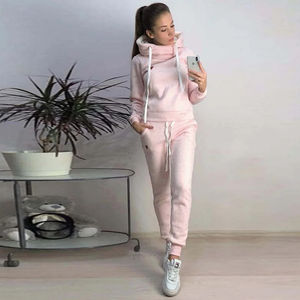 Women's Fashion Sportswear 2-<b>Pc</b> <b>Set</b> Casual Solid Hooded Long Sleeve Tops & Pants for Autumn Running Winter Sports-Logo Featured - Product Image 6