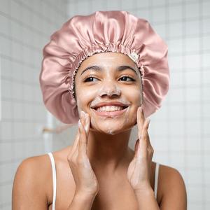 หมวกคลุมผมผ้าไหมสองชั้นหมวกผ้าซาตินสำหรับใส่นอนปรับแต่งได้ - Product Image 4