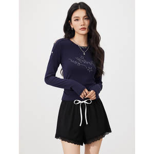 Shorts de détente élégants pour femmes, de haute qualité, respirants, à séchage rapide, en tricot côtelé, avec bordure en dentelle, taille élastique, vêtements en gros - Product Image 1