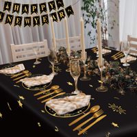 Neujahrs-Party geschirrset für 24 Gäste Neujahrs banner Einweg-Papp teller aus schwarzem Gold Abendessen Geschirr Party zubehör