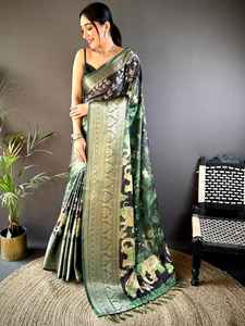 Saree en soie Jacquard élégant pour adultes saison d'hiver riche travail lourd motif floral Style ethnique pour les festivals mariages fêtes - Product Image 6