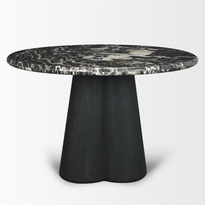 Mesa de Comedor de Cocina de Madera Maciza y Mármol con Base de Pedestal de Madera Pulida con Arena Negra y Tapa de Mármol con Bordes Curvos Redondos de Bosque Negro - Product Image 3