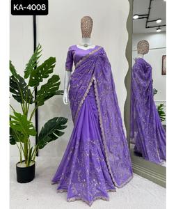 ชุดประจำชาติอินเดียใส่ส่าหรีผ้าไหมทริบบี้แบบหนาและโค้ดเสื้อเบลาส์ผ้าไหมแบบโมโน - Product Image 1