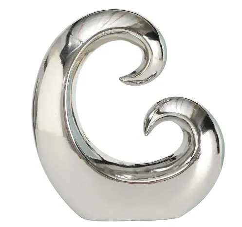 Double Curl Skulptur, dekorative moderne Kunst, Silber Titan glasiertes Steinzeug, 8 1/4 Zoll, abstrakter Tisch akzent