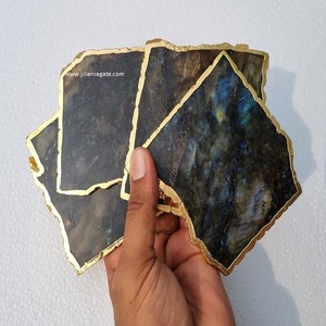Mới đến hào nhoáng Labradorite Agate đế lót ly hình dạng tự nhiên viền vàng làm bằng tay thân thiện với môi trường lát trang trí nhà - Product Image 6