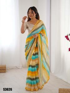 Look élégant Festival Wear couleur incroyable excellente mousseline de soie de haute et meilleure qualité Leheriya imprimé avec des saris de travail coupés en miroir - Product Image 5