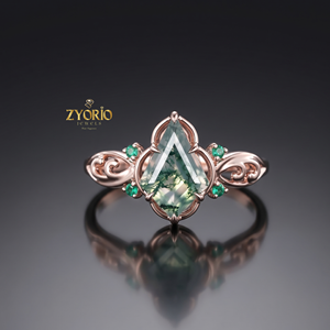 Anillo de Compromiso de Lujo con Ágata Musgosa Corte Pera, Oro Sólido de 18K con Acento de Esmeralda, Anillo Nupcial Vintage con Diseño de Espiral, Joyería Fina - Product Image 5