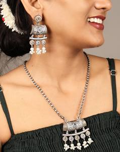 Two Tone Oxidized Silver <b>Necklace</b> <b>earring</b> <b>set</b> Handmade Indian Jewelry - Product Image 1