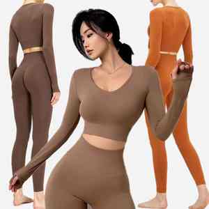 Conjunto Deportivo de Alta Calidad para Mujer, Pantalones de Yoga Sin Costuras, Top Corto de Manga Larga, Leggings con Efecto Push-Up, Conjunto de Yoga - Product Image 4