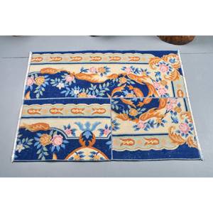 Tapis turc vintage bleu orange classique 3x4ft laine grande surface avec motif abstrait pour adolescents support en latex pour utilisation dans le couloir - Product Image 3