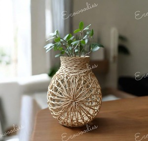 New Outdoor Bamboo <b>Wicker</b> <b>Planter</b> with Basket Pattern Stylish Flower Display <b>Stand</b> Circle Shape Flower Vase for Home Decor - Product Image 5