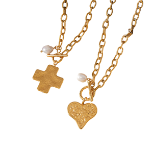 Collar con Colgante de Acero Inoxidable Chapado en Oro de 18K J&D, Cruz de Corazón Martillado con Diamante y Perla, Estilo Vintage, Cadena de Serpiente, Regalo - Product Image 5