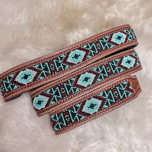 Best Selling Hand Beaded Seed <b>Bead</b> Aztec <b>Turquoise</b> and Burgundy Western Leather Dog Collar at Wholesale Manufacturer - Product Image 1