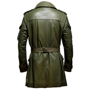 <b>Men's</b> Olive Green Genuine <b>Sheepskin</b> Leather Coat Collar Multi-Pocket Belted Mid Length Classic Custom Design Haus Industries - Product Image 4