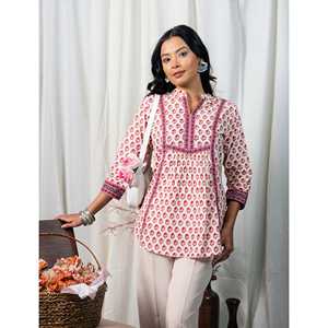 Blusa de Algodón Blanca y Rosa para Mujer, Estampada a Mano, con Cuello Asimétrico, Larga, con Bordado Floral, Tela Popelina, Talla XL - Product Image 3